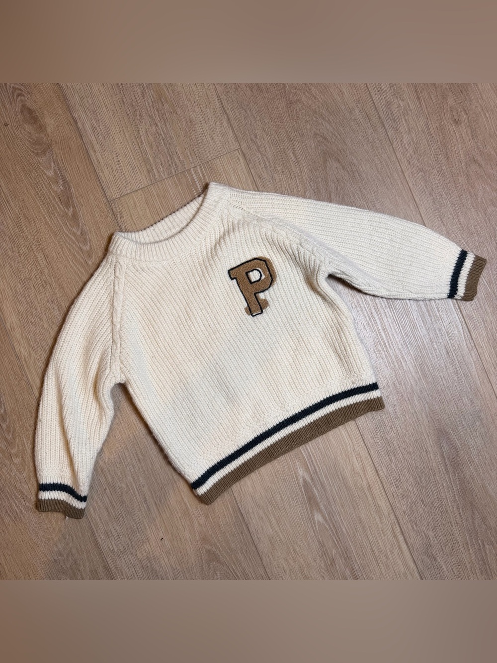 Zara Baby Varsity P Patch Knit Sweater Cream 12-18M